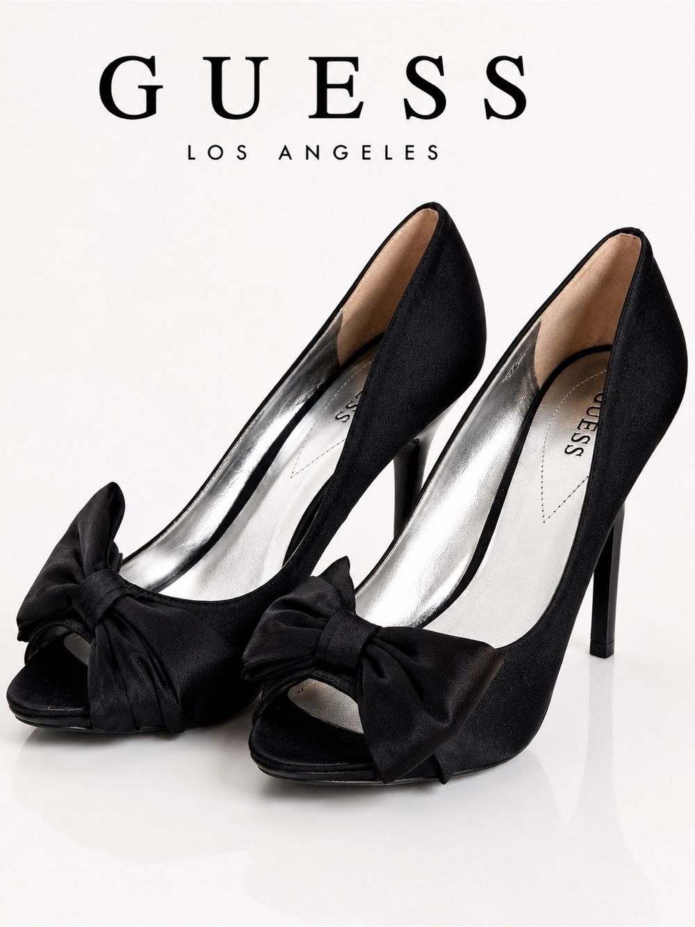 NWOT GUESS Black Satin Bow Peep-Toe Stiletto Heels Pumps Size 9.5 Evening Party